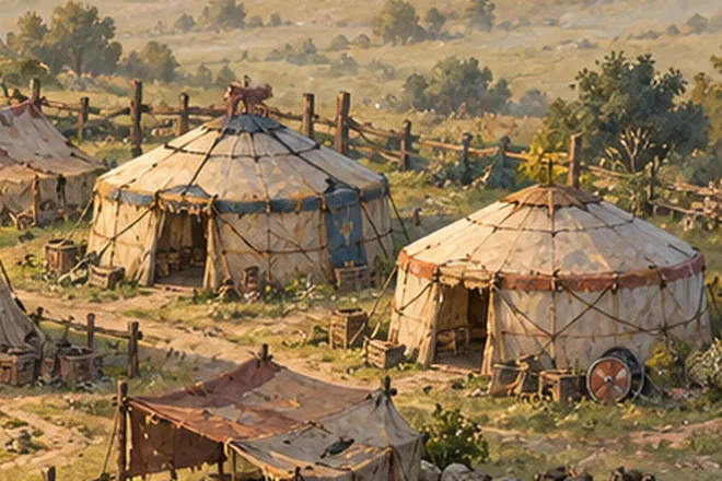 Round felt tents in an abandoned camp