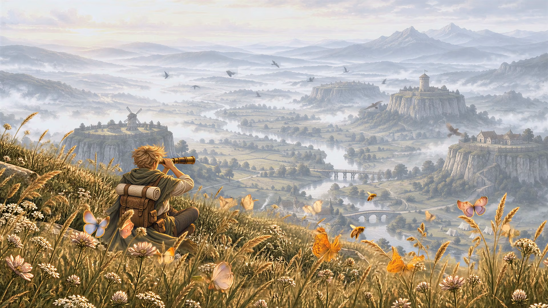A traveller sitting on a ridge at dawn, a spyglass to his eye, looking out over a valley of flat-topped mesas, a river and a village